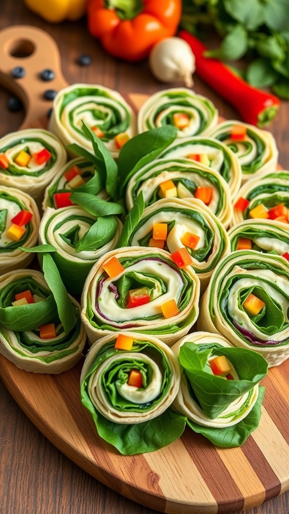 A colorful display of spinach wrap pinwheels with cream cheese and vegetables on a rustic wooden board.
